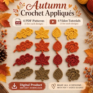 4 Häkelanleitungen für Herbstblätter + Video-Tutorials | Herbst-Häkel-PDF
