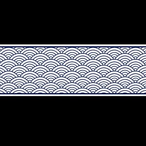 May include: A rectangular strip featuring a repeating pattern of overlapping semicircles in dark blue on a white background. The design consists of multiple rows of nested arcs, creating a wave-like effect, framed by a solid dark blue border.