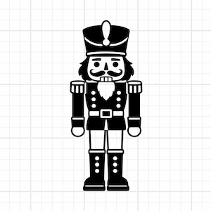 May include: A black and white graphic illustration of a nutcracker soldier. The figure wears a tall hat with a central emblem, a jacket with buttons and epaulets, a belt, and tall boots. The face features a moustache and a beard.