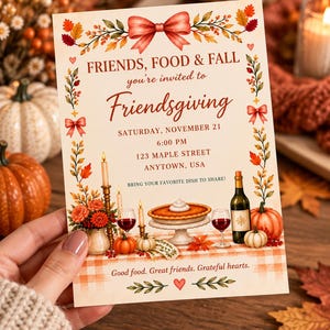 May include: A Friendsgiving invitation card featuring a fall-themed border of autumn leaves and red bows. The text reads: FRIENDS, FOOD & FALL, you're invited to Friendsgiving, Saturday, November 21, 6:00 PM, 123 Maple Street, Anytown, USA, BRING YOUR FAVORITE DISH TO SHARE!, Good food. Great friends. Grateful hearts. The illustration includes a pie, wine, candles, and pumpkins on a checkered tablecloth.