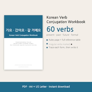 Könnte beinhalten: Ein Arbeitsbuch zur Konjugation koreanischer Verben mit blau-weißem Einband. Der Text lautet Korean Verb Conjugation Workbook, 60 verbs, present, past, future, formal, rules page, reference table, irregular verbs marked, trace each form.