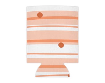Peach Stripes Polka Dot Can Cooler | Coral Retro Beach Vibes