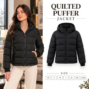 May include: A black quilted puffer jacket with a hood, a full-length front zipper, and ribbed cuffs. The text QUILTED PUFFER JACKET is displayed above the jacket, and a size chart with options from XS to XXXL is shown below the jacket.