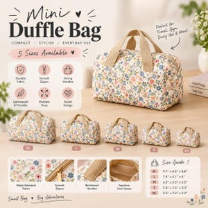 Peut inclure: Un sac de voyage miniature à motif floral avec des poignées beiges, présenté en cinq tailles du XS au XL. L'image contient des étiquettes textuelles pour des caractéristiques comme le tissu résistant et les fermetures éclair fluides.