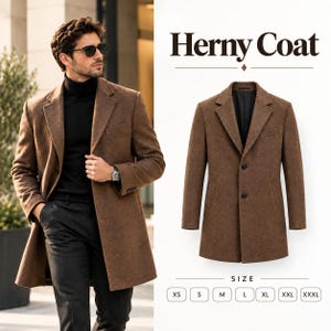 May include: A brown wool-blend coat labeled Herny Coat, featuring a notched lapel, two front buttons, and side pockets. The product display includes a size chart ranging from XS to XXXL, shown alongside a model wearing the same brown coat.