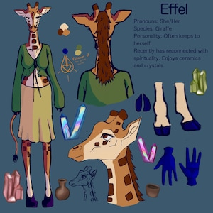Könnte beinhalten: Ein Charakter-Referenzblatt für Effel, eine Giraffe, mit einer Ganzkörperansicht in grünem Oberteil und beigem Rock, einer Rückansicht und einem Seitenprofil. Enthält Illustrationen von Kristallen, einem kleinen Tontopf sowie blauen Händen und Hufen.