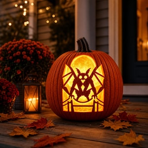 May include: A carved orange pumpkin featuring a glowing silhouette of a winged creature perched on a bridge structure. The interior is illuminated, casting a warm light through the cutouts, with a dark stem at the top of the round gourd.