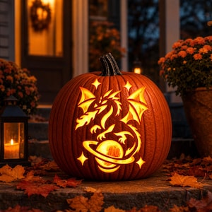 May include: A carved orange pumpkin featuring a glowing cutout design of a dragon flying above a planet with rings, surrounded by small star shapes. The pumpkin has a dark stem and is illuminated from within, casting a warm light outward.
