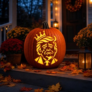 May include: A large orange pumpkin carved with a detailed silhouette of a person wearing a crown, a suit, and a tie. The interior of the pumpkin is illuminated, casting a warm glow through the cutouts of the face, hair, and clothing design.
