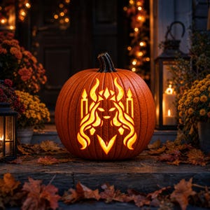 Puede incluir: Una calabaza naranja redonda con un diseño tallado que presenta una figura estilizada con cabello largo y fluido, cuernos puntiagudos y detalles geométricos. La calabaza tiene un tallo verde oscuro y está iluminada desde el interior.