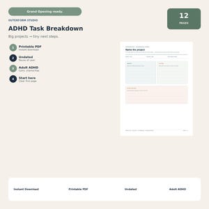 Könnte beinhalten: Ein 12-seitiger, druckbarer PDF-Planer zur Aufgabenaufschlüsselung bei ADHS. Das Dokument enthält Abschnitte für Projektnamen, Ergebnisse und Notizen mit hellblauen, grünen und rosafarbenen Rändern. Enthält den Text 'Grand Opening ready' und 'ADHD Task Breakdown'.