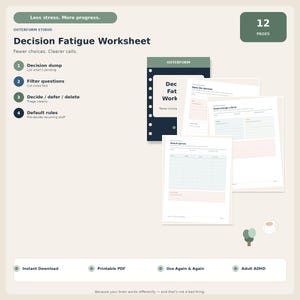 Peut inclure: Une fiche de travail de 12 pages sur la fatigue décisionnelle, format PDF imprimable par Outerform Studio. Le document présente une couverture vert foncé et des pages intérieures blanches avec des sections pour trier les décisions.