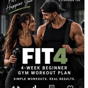 May include: A digital flyer for a 4-week beginner gym workout plan titled FIT4. The text includes Stronger Fitter Happier You, Real Workouts Real Progress A Stronger You, Simple Workouts Real Results, and icons for workouts, progress trackers, easy instructions, and build confidence.