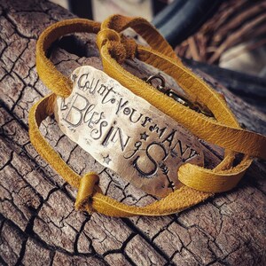 Count your many blessings; leather wrap bracelet; fall jewelry