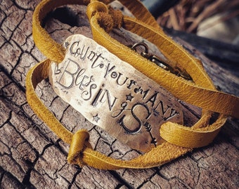 Count your many blessings; leather wrap bracelet; fall jewelry