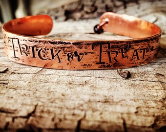 Trick or Treat copper bracelet; Halloween jewelry