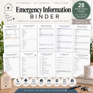 May include: A set of 28 printable emergency information binder pages in A4 and letter sizes. The white sheets feature black text and grey headers for emergency contacts, medical details, insurance, utilities, pets, and evacuation plans.