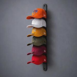 May include: A vertical black wall-mounted rack holding six baseball caps in a stack. The caps are orange, white, yellow, olive green, maroon, and red, each featuring a New Era logo on the side and various embroidered team emblems on the front.