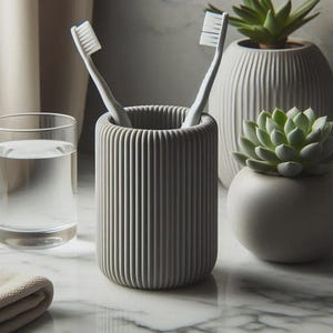 May include: A cylindrical, light grey toothbrush holder with a vertical ribbed texture. Two white toothbrushes with blue-tipped bristles are placed inside the holder. The holder is made of a matte material and features a consistent, repeating pattern.