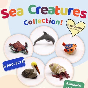 Könnte beinhalten: Eine digitale Anleitung mit dem Titel Polymer Clay Tutorial Sea Creatures Collection, die fünf Tonmodelle zeigt: eine Meeresschildkröte, einen Delfin, einen Kugelfisch, einen Pelikan und einen Einsiedlerkrebs. Das Dokument enthält die Texte 5 PROJECTS und BEGINNER FRIENDLY.