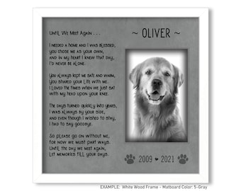May include: Black and white photo of a golden retriever dog in a gray frame with the text "Until We Meet Again... ~Oliver~". The text below the photo reads "2009 - 2021" with paw prints on either side.