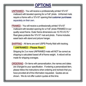 May include: A white text document with black text outlining options for framing and shipping a 10" x 10" mat board with a beveled opening for a 4" x 6" photo. The document includes information about unframed and framed options, shipping details, and ordering instructions.
