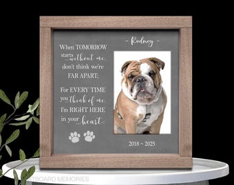 Personalized pet loss picture frame makes a beautiful memorial for your dog, cat, or pet. Bereavement gift for dog over rainbow bridge