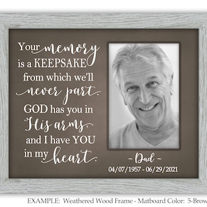 May include: A weathered wood picture frame with a brown mat and a black and white photo of a man smiling. The text "Your memory is a keepsake from which we'll never part. GOD has you in His arms and I have YOU in my heart. -Dad- 04/07/1957-06/29/2021" is printed in white on the mat.