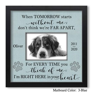 May include: A black framed photo memorial with a blue mat. The photo shows a dog. The text reads: "When tomorrow starts without me, don't think we're far apart. For every time you think of me, I'm right here in your heart." The dates 2011 - 2020 are also included. The matboard color is 3-Blue.