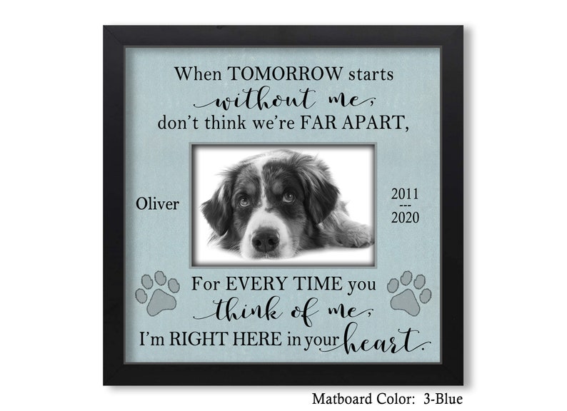 May include: A black framed photo memorial with a blue mat. The photo shows a dog. The text reads: "When tomorrow starts without me, don't think we're far apart. For every time you think of me, I'm right here in your heart." The dates 2011 - 2020 are also included. The matboard color is 3-Blue.