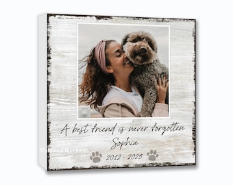 May include: A white wooden framed photo with a picture of a woman hugging a brown dog. The text "A best friend is never forgotten" is written below the photo, along with the name "Sophia" and the dates "2012 - 2023".