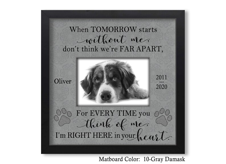 May include: Black and white photo of a dog in a gray frame with the text "When tomorrow starts without me, don't think we're far apart. For every time you think of me, I'm right here in your heart." and "Oliver 2011 - 2020". The matboard color is 10-Gray Damask.