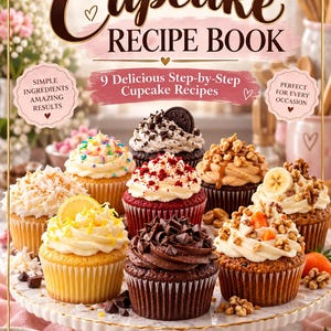 May include: A recipe book titled AizaaDesigns Cupcake RECIPE BOOK with the subtitle 9 Delicious Step-by-Step Cupcake Recipes. The cover features a white cake stand holding eight assorted cupcakes with various toppings like fruit, nuts, and chocolate.
