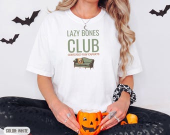 Lazy Bones Club Tee, Cozy Skeleton Halloween Shirt, White Comfort Colors Tee