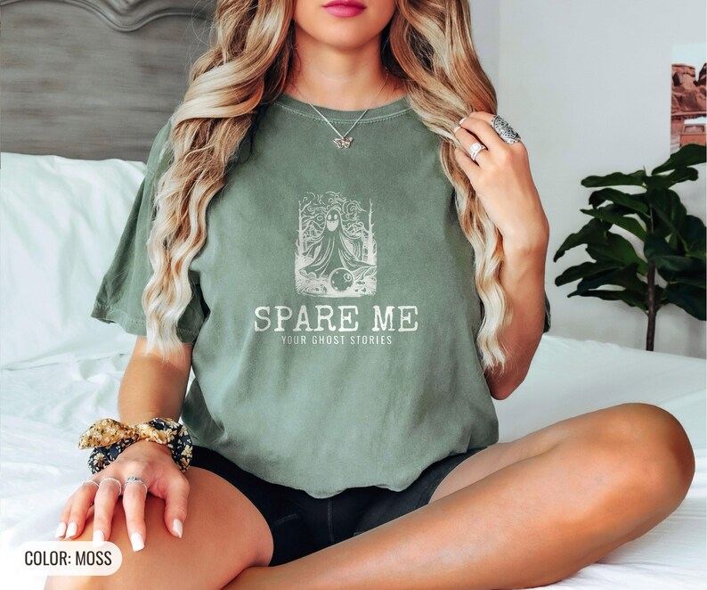Spare Me Your Ghost Stories Tee, Spooky Bowling Halloween Shirt, Blue Spruce Comfort Colors Tee Moss
