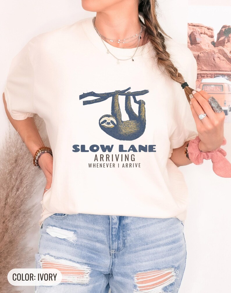 Slow Lane Shirt, Funny Sloth Tee, Laid Back Gift, Khaki Comfort Colors Tee image 3
