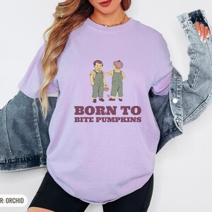 Born to Bite Pumpkins Shirt, Toddler Halloween Gift, Butter Comfort Colors Tee Orchid