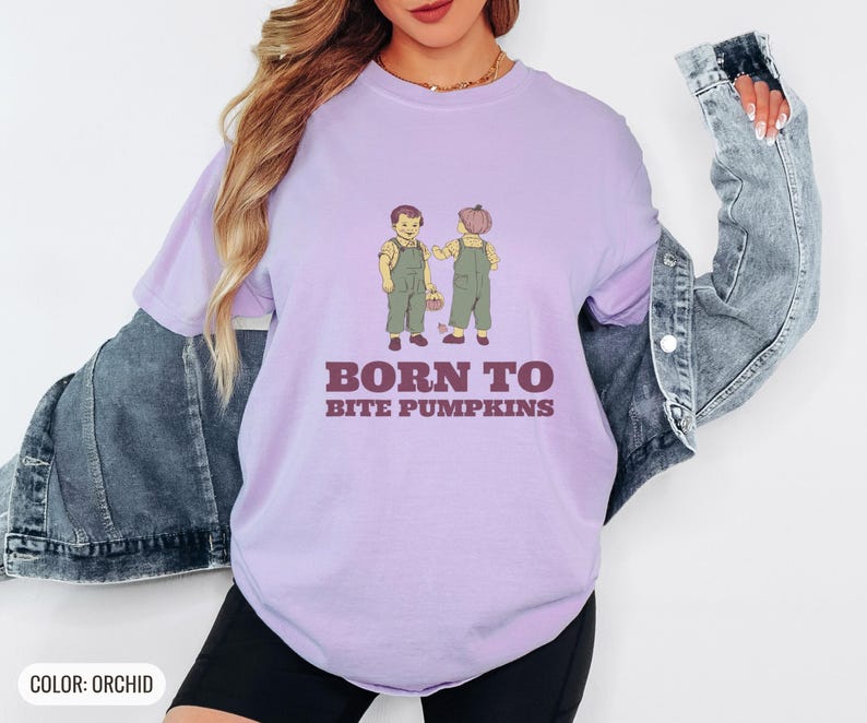 Born to Bite Pumpkins Shirt, Toddler Halloween Gift, Butter Comfort Colors Tee Orchid