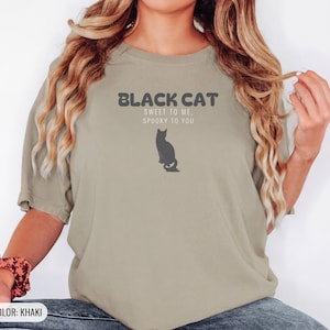 Black Cat Shirt, Halloween Cat Lover Gift, Spooky Season Witchy Tee, Khaki Comfort Colors Tee image 1