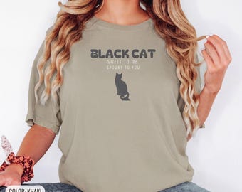 Black Cat Shirt, Halloween Cat Lover Gift, Spooky Season Witchy Tee, Khaki Comfort Colors Tee