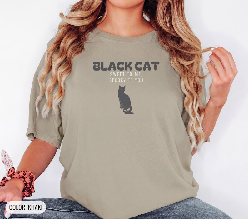 Black Cat Shirt, Halloween Cat Lover Gift, Spooky Season Witchy Tee, Khaki Comfort Colors Tee image 1