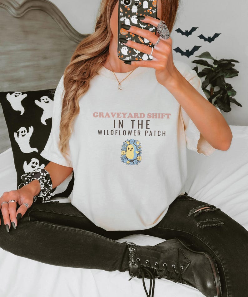 Graveyard Shift In Wildflower Patch Shirt, Halloween Shirt, Blossom Comfort Colors Tee Ivory