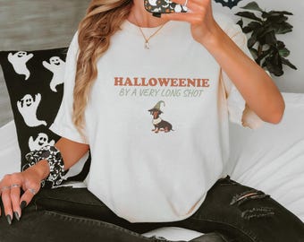 Halloweenie By A Very Long Shot Shirt, Dachshund Graphic Tee, Seafoam Comfort Colors Tee