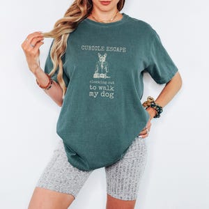 Cubicle Escape Shirt, Dog Graphic Tee, Funny Office Tee, Blue Jean Comfort Colors Tee Blue Spruce