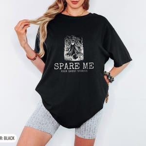 Spare Me Your Ghost Stories Tee, Spooky Bowling Halloween Shirt, Blue Spruce Comfort Colors Tee Black