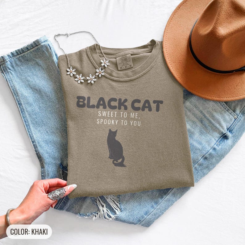 Black Cat Shirt, Halloween Cat Lover Gift, Spooky Season Witchy Tee, Khaki Comfort Colors Tee image 2