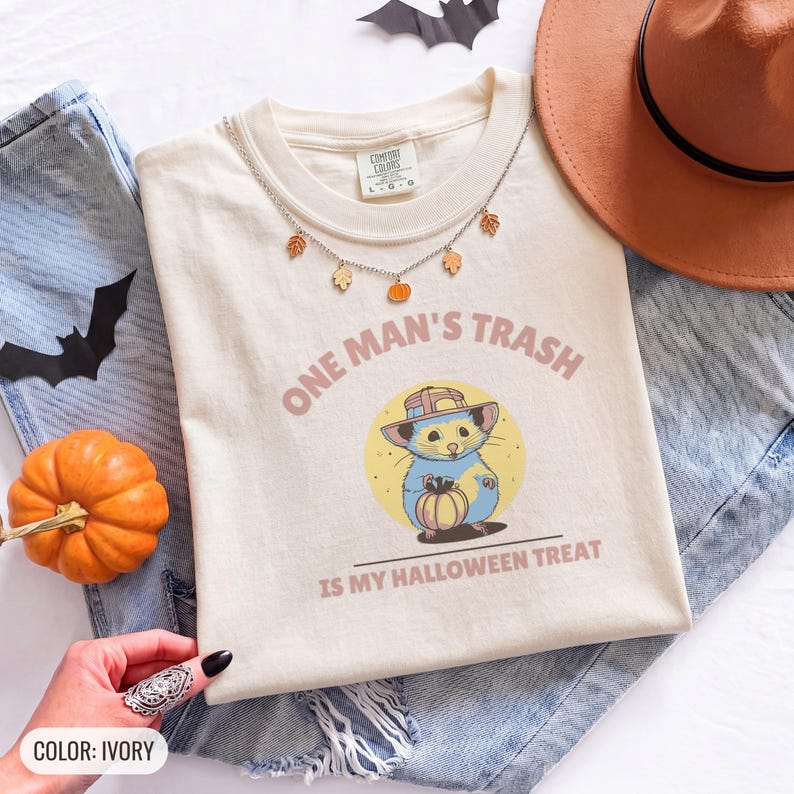 One Man's Trash Is My Halloween Treat Shirt, Opossum Graphic Tee, Blossom Comfort Colors Tee image 7