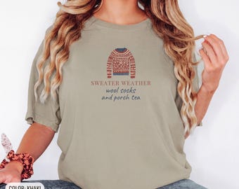 Sweater Weather Wool Socks Shirt, Cozy Fall Gift, Khaki Comfort Colors Tee