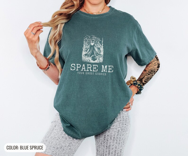 Spare Me Your Ghost Stories Tee, Spooky Bowling Halloween Shirt, Blue Spruce Comfort Colors Tee image 4