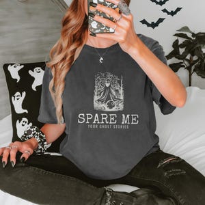 Spare Me Your Ghost Stories Tee, Spooky Bowling Halloween Shirt, Blue Spruce Comfort Colors Tee Pepper